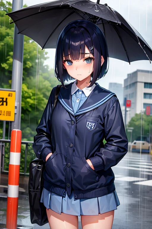 Junior high school student, wet uniform, indigo hair, short bob, bus stop, heavy rain, umbrella, troubled face