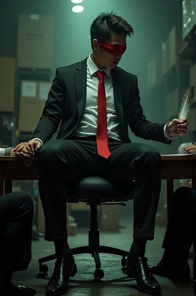 Malaysia malay handsome 19 years celebrity
His handcuff in warehouse
Blindfolded
Black Suit and Red tie
feet on desk
feather
shoes on desk
5 toes each feet
Black smelly sock
2 man under his feet
1 man take off his socks
1 man holding feather tickle his feet
He laugh very hard