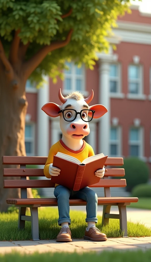 Cow reading a book sitting on the beanch in the school 3D animation HD Photo 