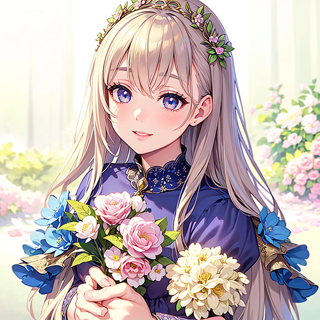 intricate detailed girl in a lush garden, beautiful detailed eyes, beautiful detailed lips, extremely detailed face and eyes, long eyelashes, elegant floral dress, holding a large bouquet of flowers, smiling, starry night sky, detailed background, 8k, extremely detailed, highly detailed, masterpiece, photorealistic, vibrant colors, dramatic lighting, fantasy, magical, dreamy