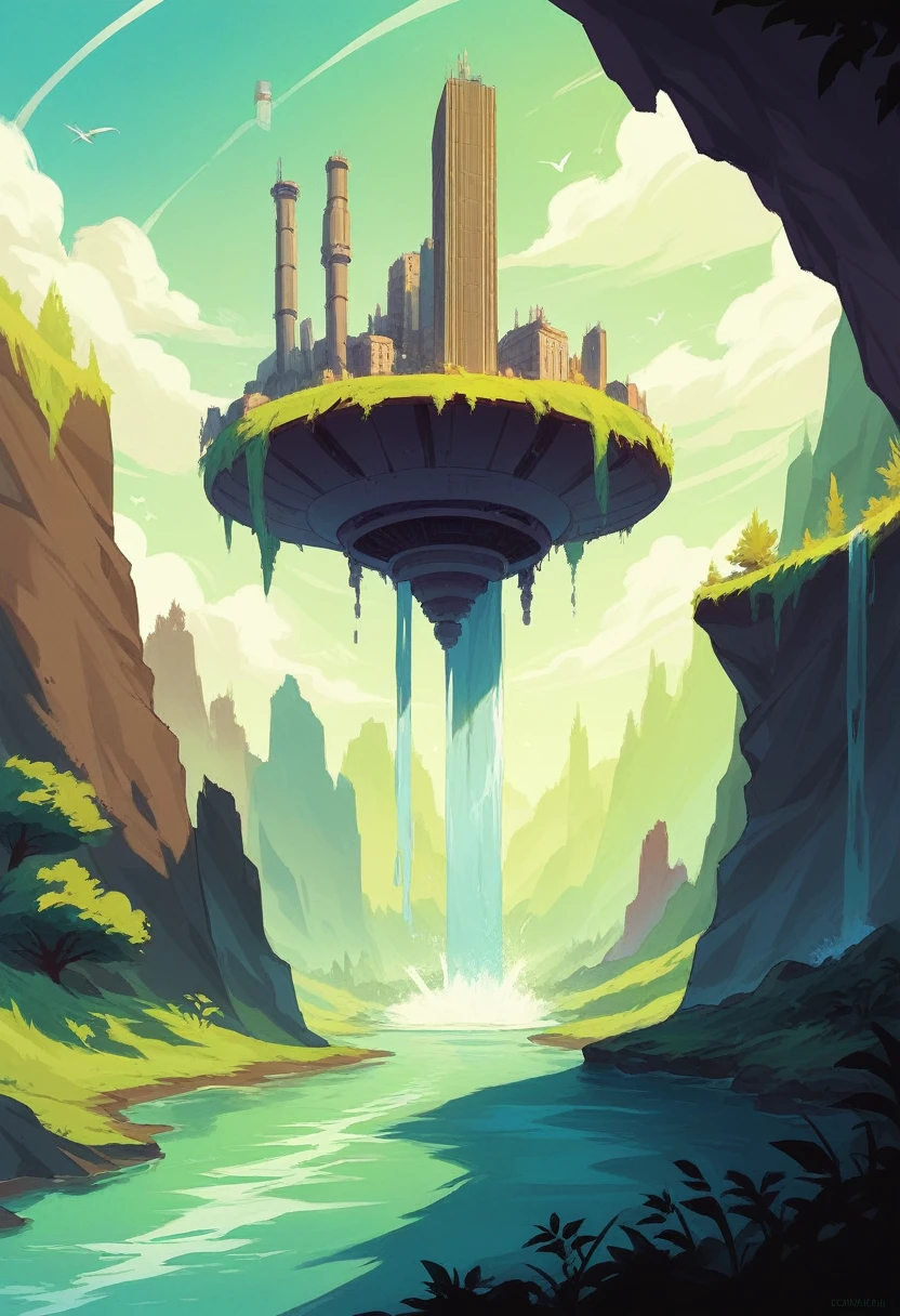 a futuristic city, there are twin towers of Kuala Lumpur on a floating island, there is a river and a waterfall on the island, the water falls down, below there is a thick forest and a river, there is a futuristic vehicle flying towards the city, from various directions, upper view, 8k HD