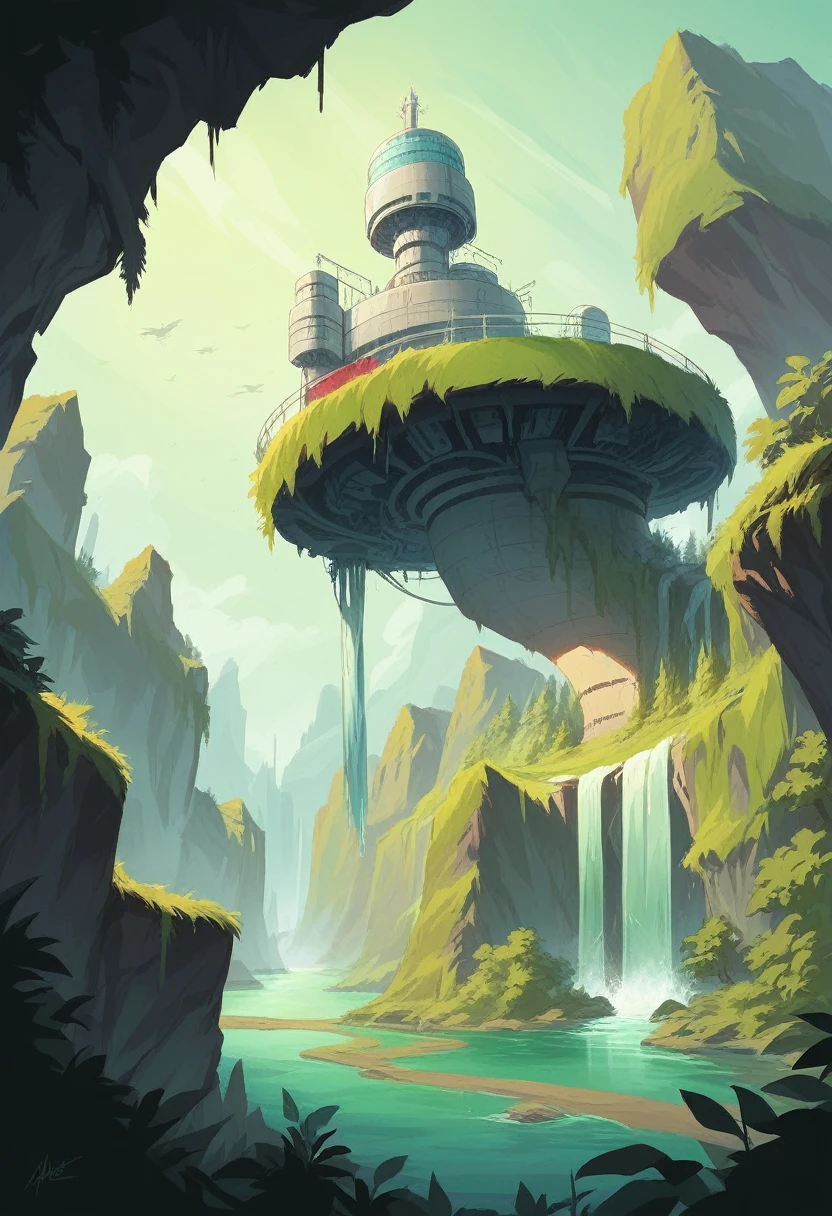 a futuristic city, there are twin towers of Kuala Lumpur on a floating island, there is a river and a waterfall on the island, the water falls down, below there is a thick forest and a river, there is a futuristic vehicle flying towards the city, from various directions, upper view, 8k HD