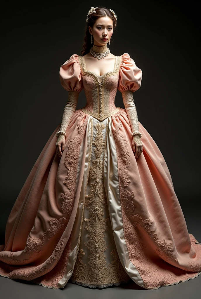 Striking red imperial dress with lace, embroideries, pearls and gemstones. Voluminous skirt supported by a petticoat. defined waist, puff sleeves, and cut into heart or square