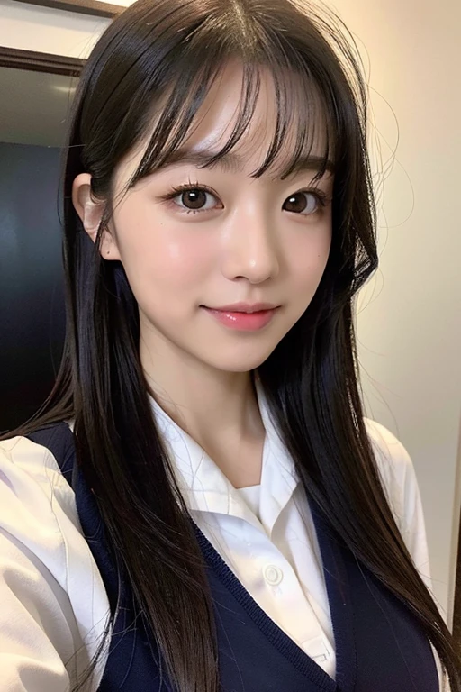 Cute Japanese Selphy、、(8k, Realistic, RAW Photos, Highest quality: 1.4), Japanese, (1 person), Beautiful Face, (Realistic face), (Black Hair), Beautiful hairstyle, Realistic eyes, Fine and beautiful eyes, (Realistic skin), Beautiful Skin, charm, Ultra-high resolution, surreal, Very detailed, Golden Ratio,school uniform.)、1 person、cute、Laughter、Mouth closed、Beautiful details、Beautiful nose down to the last detail、Whole Body Ezbian、Wet Hair、giant dulcefo、pork、school uniform、Thighs Thighs Thighs、bangs、Button open、Selphy