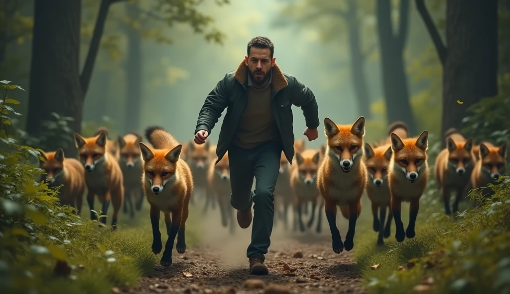 There is a shadow、Photorealistic、Ultra HD、A man is being chased by 20 foxes、The man has an angry look、Front view、The background is a forest