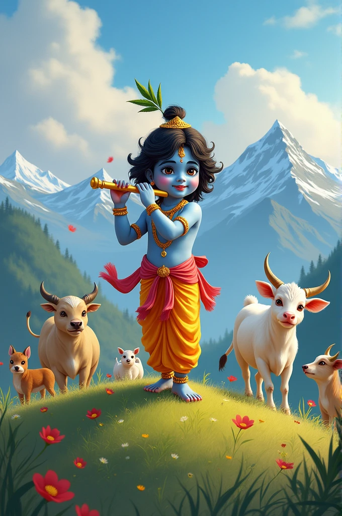 Cute Lord krishna with flute on mountain background with cow and animals 