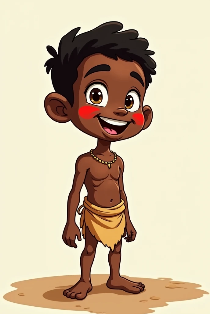 A dark-skinned boy with red lines on his face,of cheerful expression,wearing loincloth , with a cartoon art style,comic