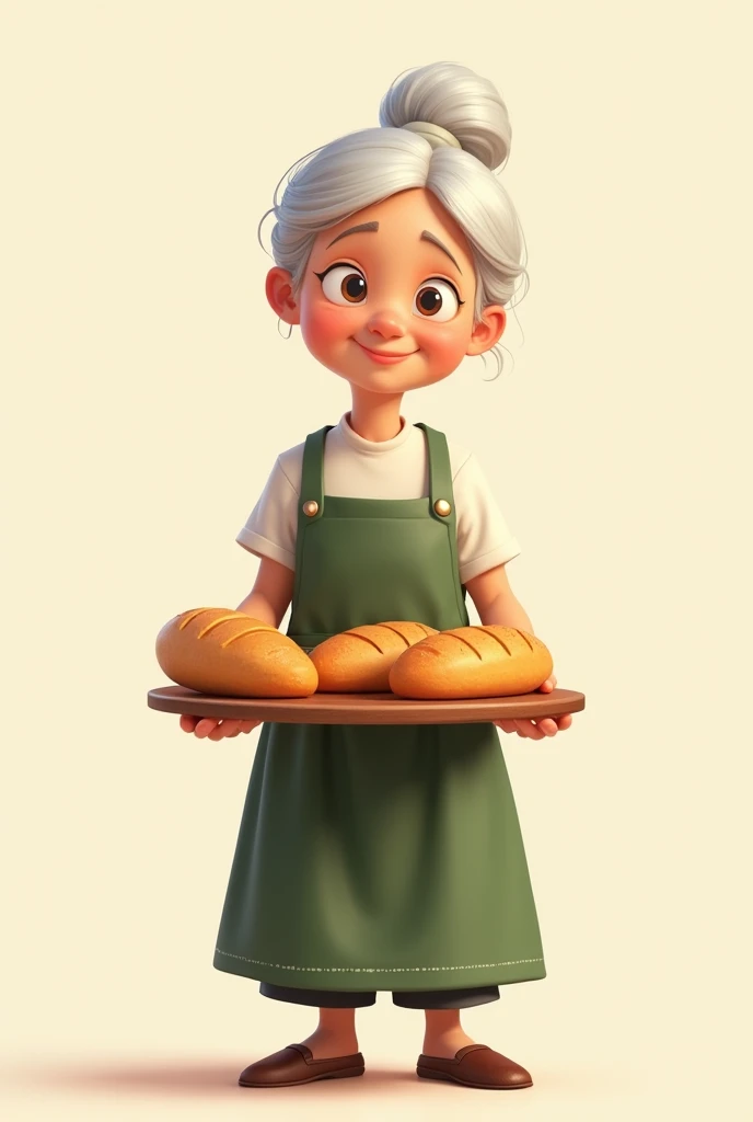 beautiful grandmother, white hair tied in a bun, baker, bread tray in hands green apron, Caucasian, a eyes, animated, 2D sin fondo, vendiendo el pan
