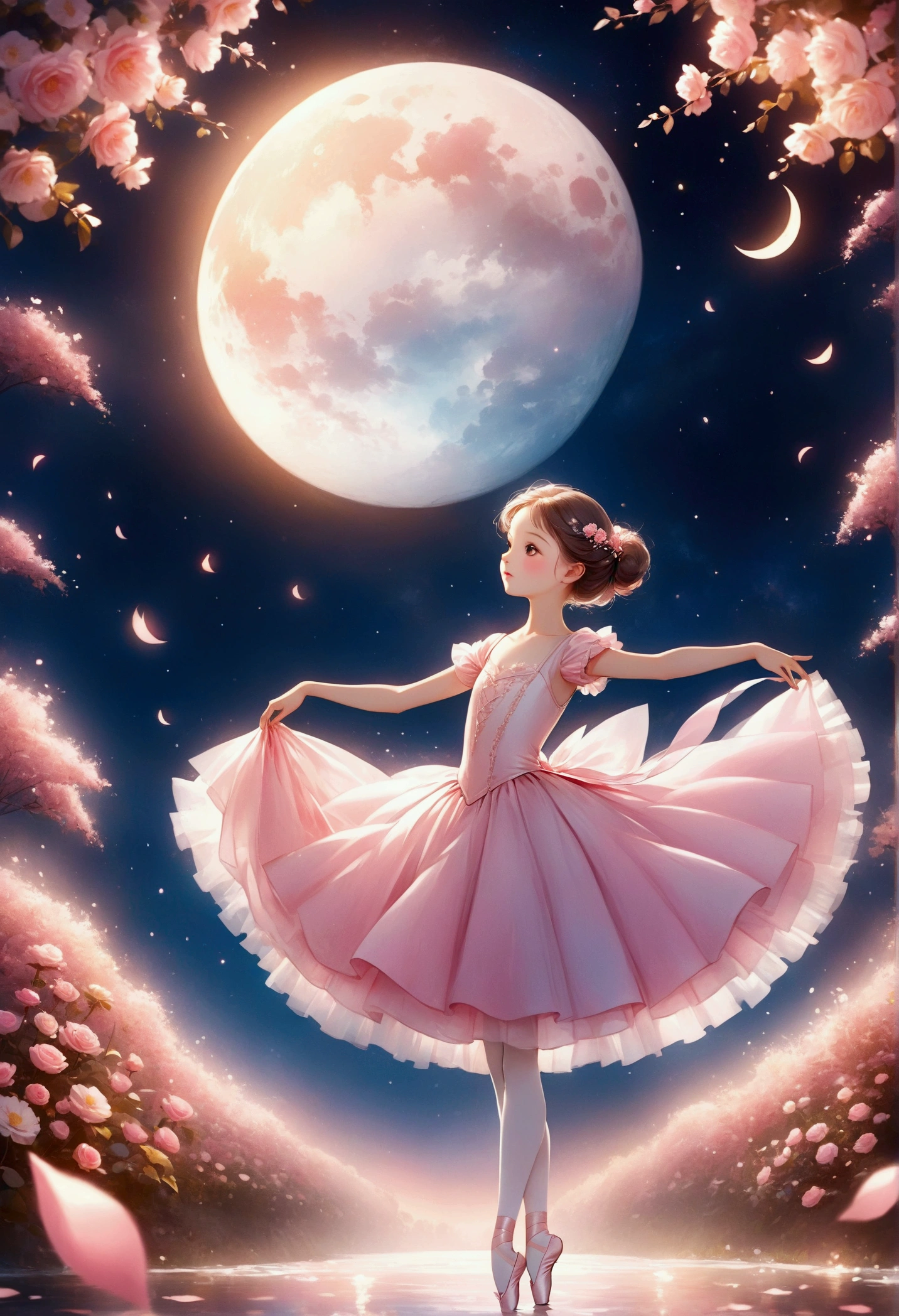 A girl in a pink dress stands in the water。, prima ballerina in rose garden, ballerina, Beautiful digital art, Elegant girl, Fantastic fairy tale, A dreamlike night, Dreamy Art, Beautiful artwork illustration, So magical and dreamy, Fantasy art style, Pink Moon, Fantastic fantasy, 8K high quality, detailed art, Written by Len Mei, Ballet Dancer