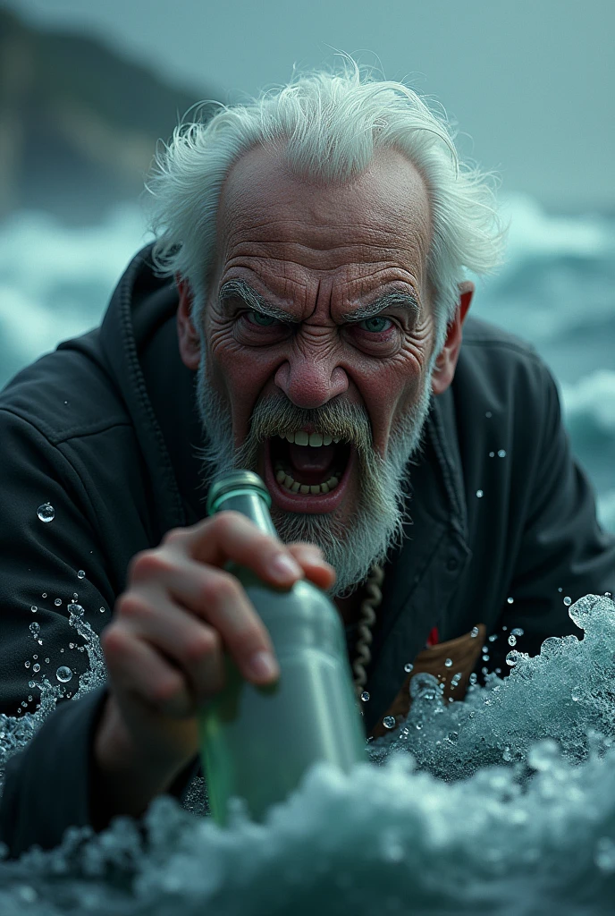 Old white sailor with bottle and horror face
