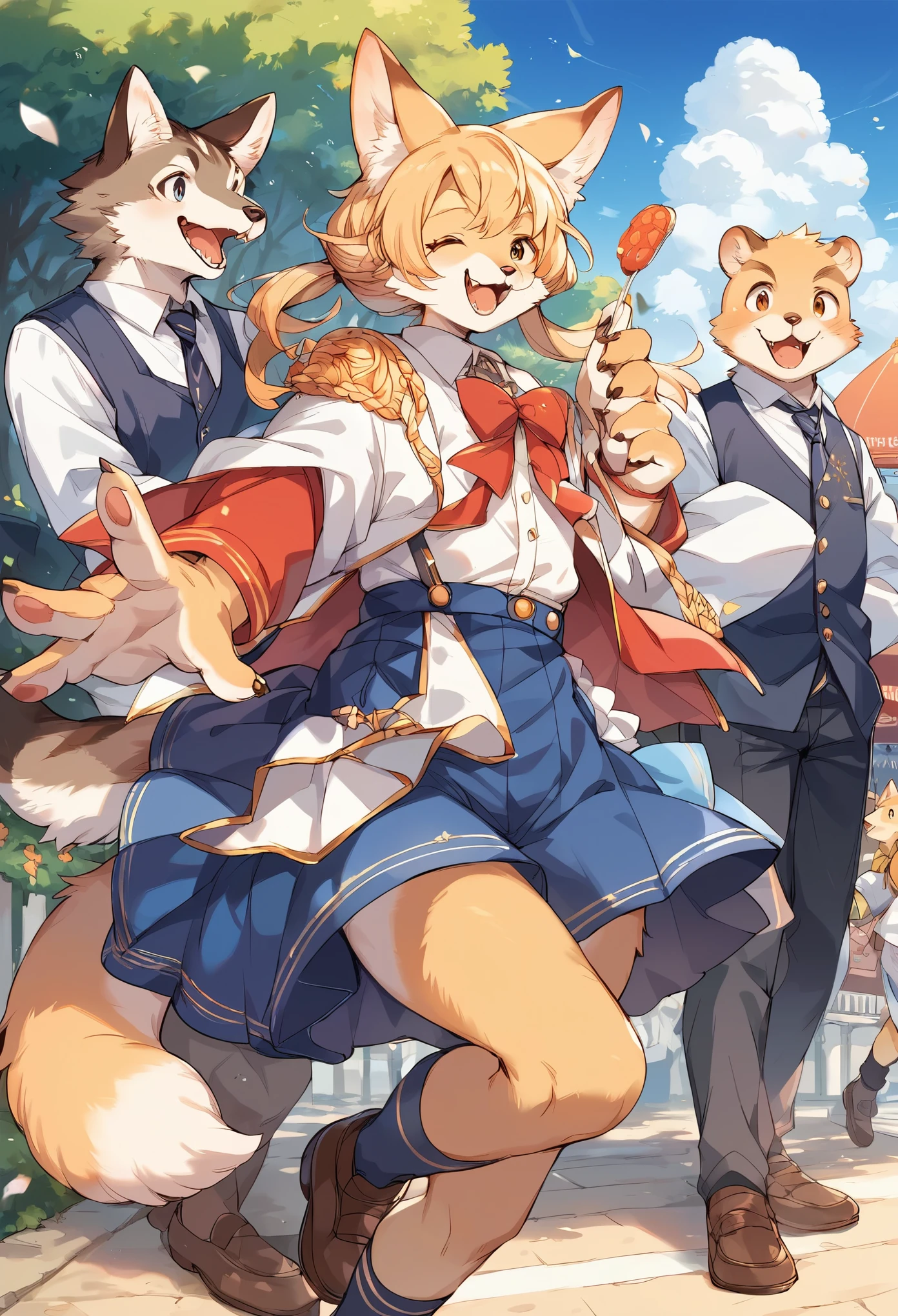 rating_safe, score_9, score_8_up, score_7_up, score_6_up, score_5_up, score_4_up, hires, highres, source_furry, cover page(kemono, furry anthro, boys, girls)amusement park, Disneyland, Happy, joyful, Photos taken with friends,