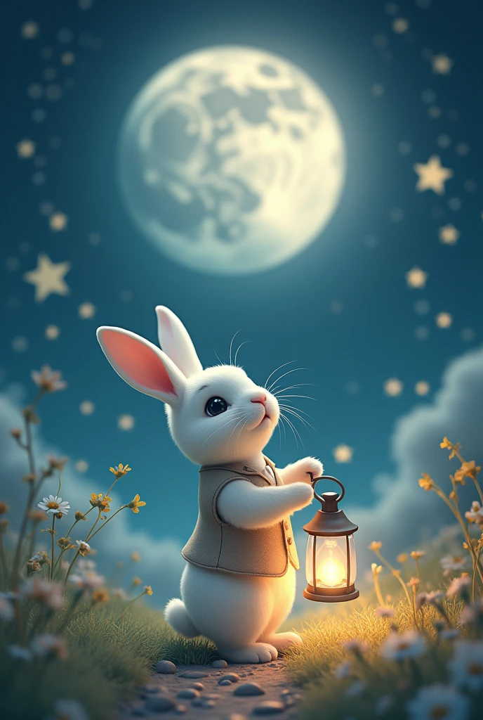 Big full moon, small ears, cute white rabbit, wearing a small vest, holding a lantern, glowing, looking up at the stars in the sky, surrealism