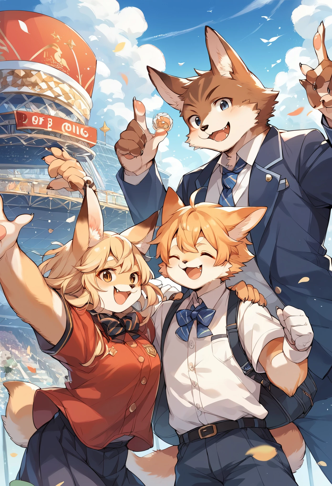 rating_safe, score_9, score_8_up, score_7_up, score_6_up, score_5_up, score_4_up, hires, highres, source_furry, cover page(kemono, furry anthro, boys, girls)amusement park, Disneyland, Happy, joyful, Photos taken with friends,