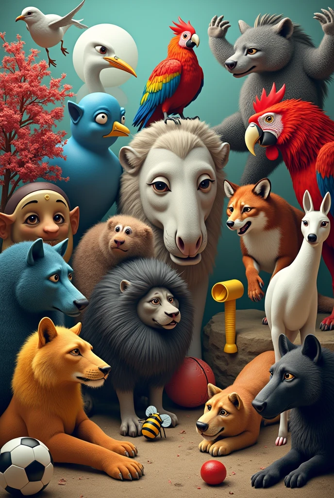 in one room there are blue ship, a white seagull, a red parrot, a red liver bird, a blue rooster, a gray horse, a red tree, a dark blue lion, a yellow hammer, a red tiger, a yellow lion, There is a bee, a soccer ball, a fox, a white horse, and a black wolf. They all should be realistic