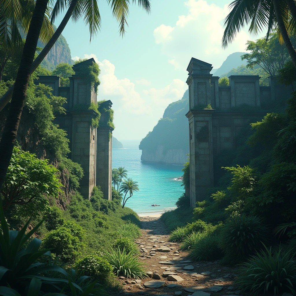 On the edge of the jungle beside the seashore lie mysterious, desolate ruins of unfamiliar design. 
