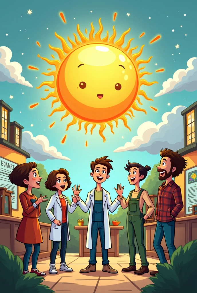 picture a cartoon of people telling about solar wind and Surya panels