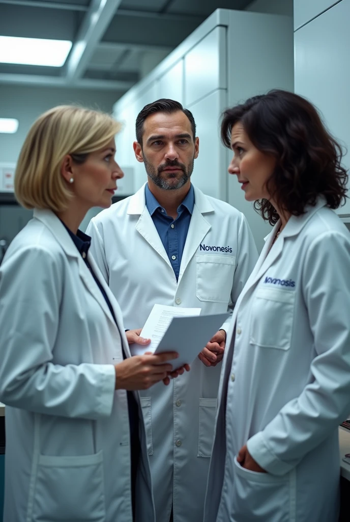 Three people are in the lab standing, all are wearing lab coats that is written Novonesis. One of them is early 60s woman, blonde short size hair and she is the auditor, holding documents, checklist in her hand. One auditee is at early white 30s man handsome with dark hair, beard and blue eyes, other auditte is middle early 40s white woman with mid sized dark curly hair, hair not binded. All three's faces are visible and look real people from pictures. They are in a company called Novonesis. They are talking to each other not looking at the camera