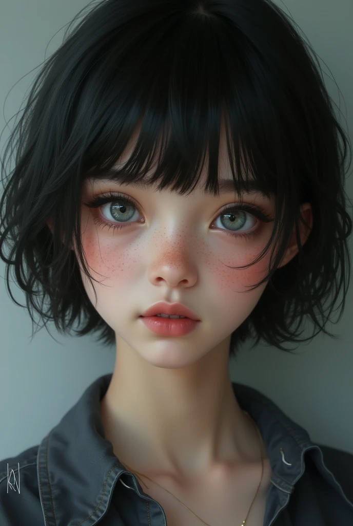 Create a picture of a ager girl with dark black hair short with grey eyes and little both of freckles in her face