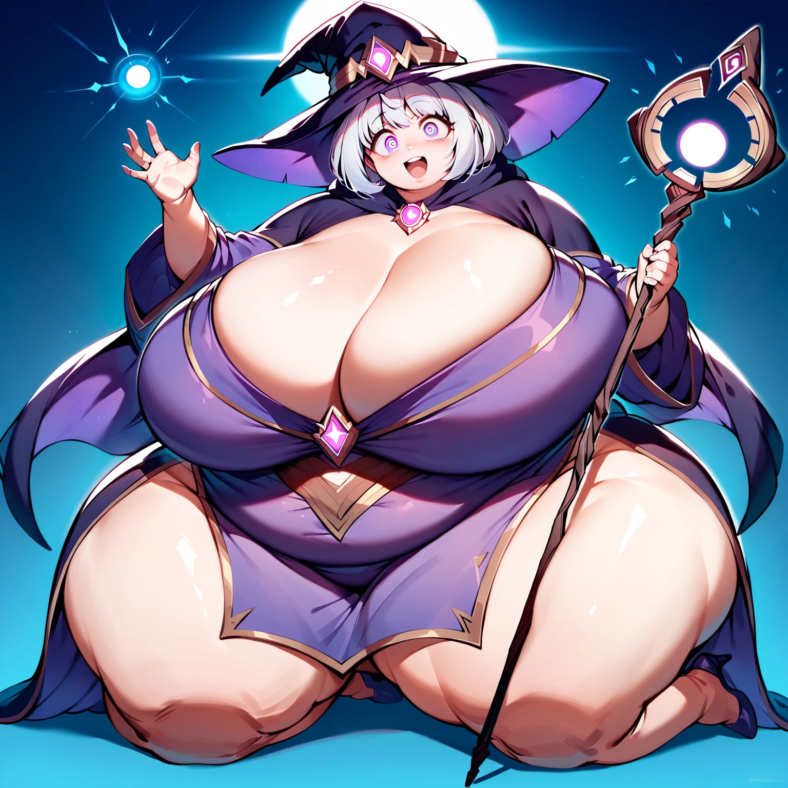 masterpiece, best quality, super detail, 4k, 1girl, younger, (female ssbbw, wizard outfit, cybernetic, wizard robes:1.1), bbw, gigantic breasts, high heels, extremely wide hips:2.0, massive thighs:2.0, massive calves, excited expression, aroused, (getting turned on, dramatic pose, eyes open, holding staff, facing me, eyes very well defined (high priority), pupils very well defined(High priority)),(Face close to viewpoint) , Image in anime style, add detail, glowing orb, large eyes, open eyes