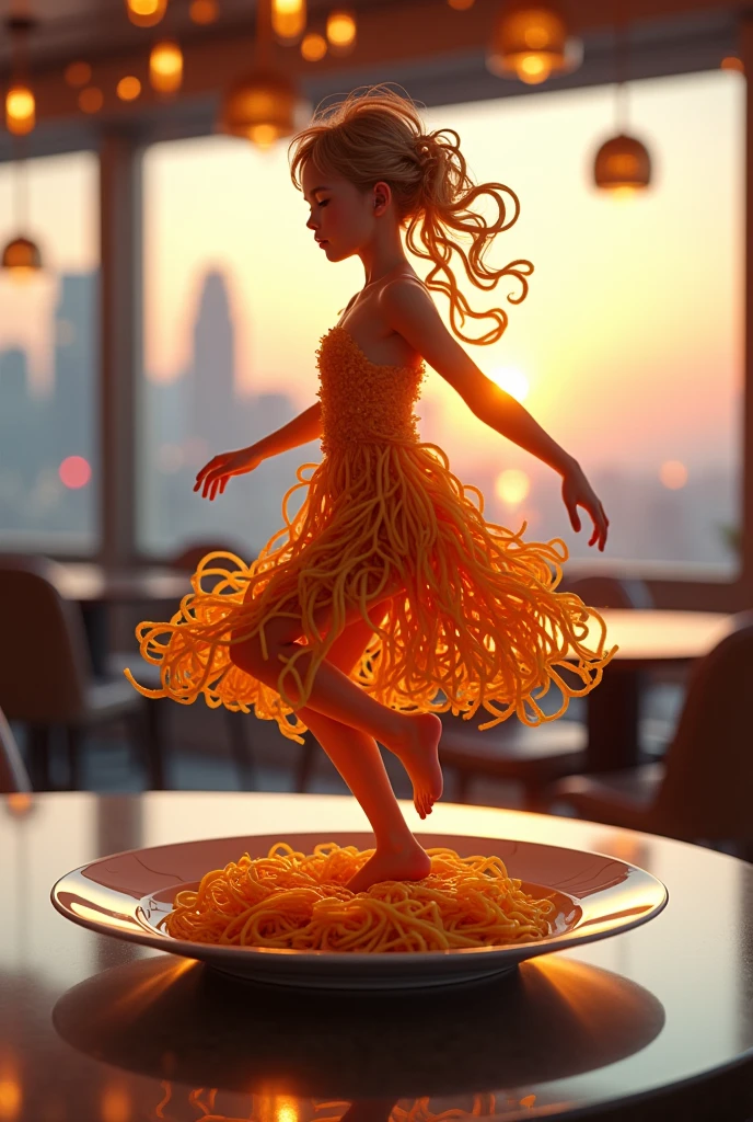 Noodles make a girl with danceing  placed on a plate on the table, it is a cyberpunk restaurant, it is sunset time.