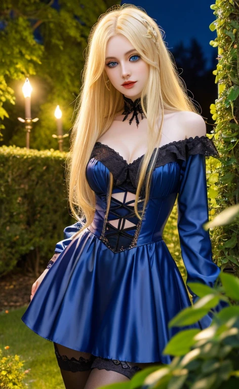 Long blonde hair Slender beautiful girl Gothic Clothing Garden at Night blue eyes
