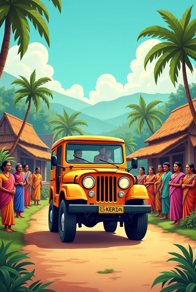 generate an cartoon image of an textiles ad announcement jeep going through a traditional kerala village and people are looking at the jeep