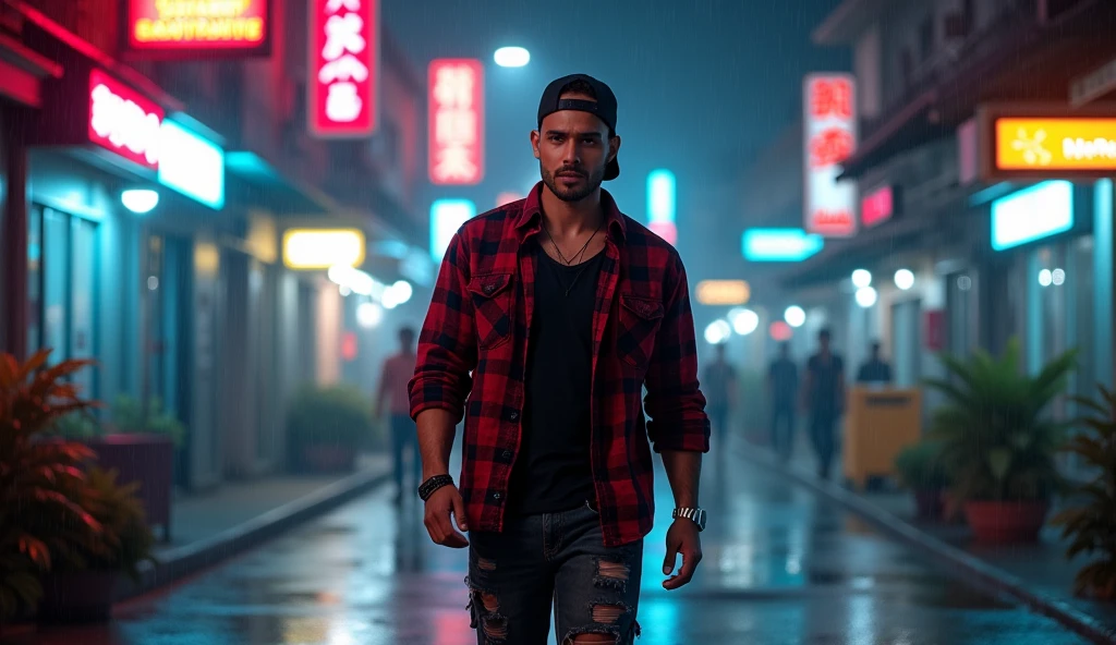 Hyper  realistic, a 2 Indonesia man walking on the neon cyberpunk street, ideal body, look straight ahead, wearing dark red flannel shirt and dark ripped jeans pants and black hiking hi-shoes with black backward trucker hat, masculine photoshoot pose, arrogant man expression, romantic, raining Bandung night town as background. Use soft photography lighting. top lighting. top lighting, slide lighting, high quality photos, UHD, 64k. shot with Canon EOS 5D Mark IV, cinematic portrait, Realistic face, not changing face, no mustache, Real photo, unchanging face, background change. Real Picture 8k ultra, man, gamer, hyper detailed, sharp focus, studio photo, intricate details, highly detailed, photo real, bright colors, digital graphics, unreal engine, blender art, perfect composition, octane rendering, masterpiece, sharp focus, high detail, art station, concept art, perfect composition, a model of ultra-high quality and clarity, perfect play of light and shadow, 32k UHD, hyper-detailing, complex artistic masterpiece, ((best quality)), ((masterpiece)), (detailed), perfect face, 64K