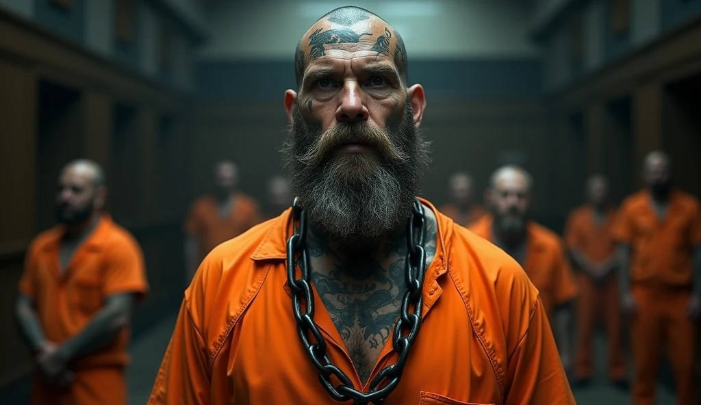 man in orange prison clothes, all tattooed, even on his face, bearded, with his head all tattooed in court and chains around his neck, very thick, and that the image is clearer, scenario