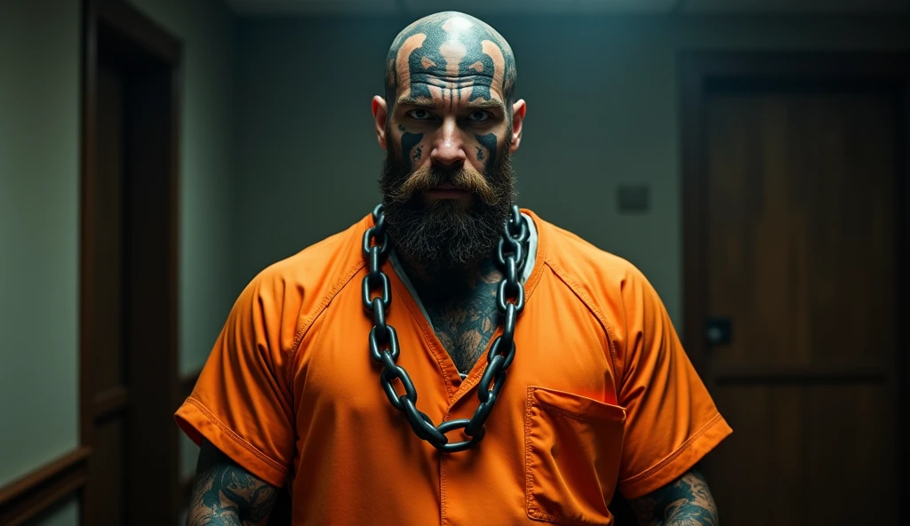 man in orange prison clothes, all tattooed, even on his face, bearded, with his head all tattooed in court and chains around his neck, very thick, and that the image is clearer, scenario