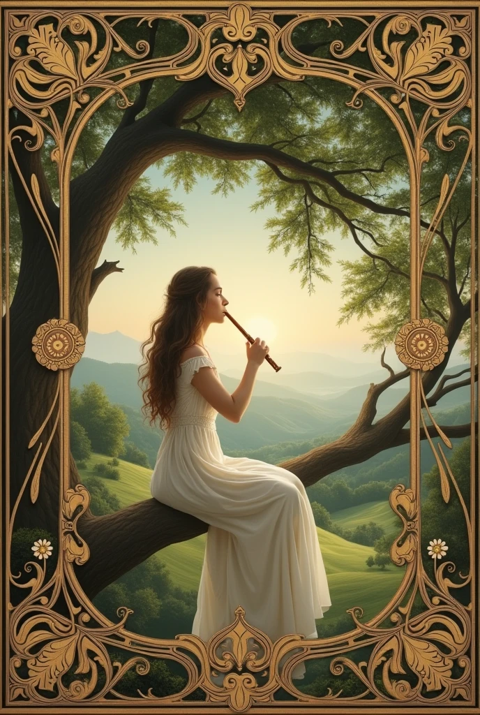 Woman playing flute sitting in a tree, Renaissance style.
Very decorated frame, Mucha Style.