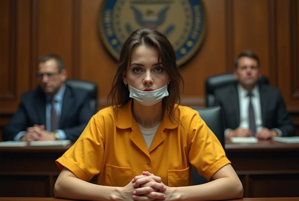 Woman sitting in court wearing yellow US prison uniform with mouth guard covering yellow clothing