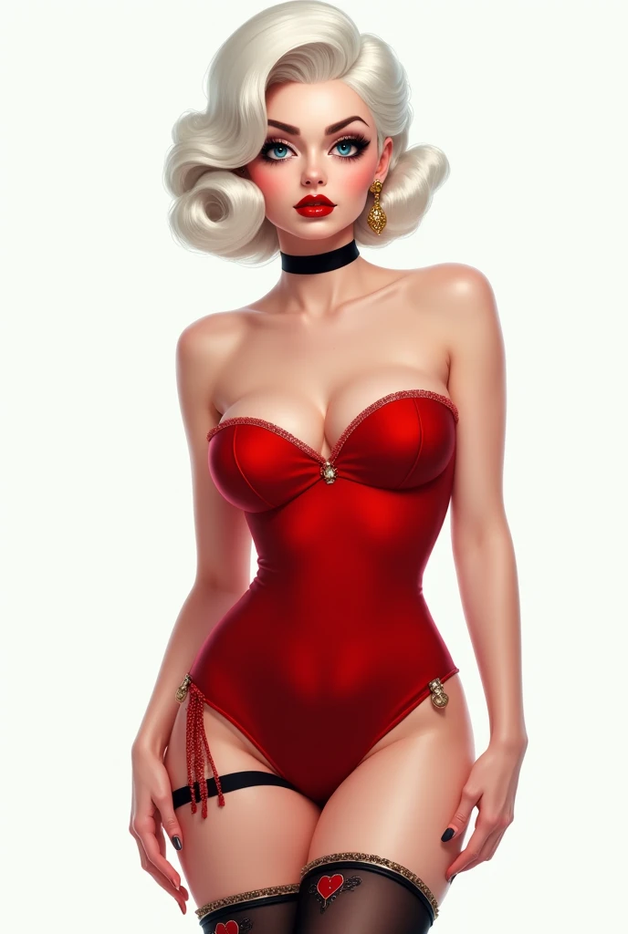 a white-haired woman,She will have a hairstyle like Betty Boop's,I want her wearing a red strapless dress like Betty Boop's,I want that black thigh thing that Betty Boop has with a little heart,I want her with gold earrings,I want her to pose really sexy,I want the white background,I want her with eyebrows like Betty Boop's and the same expression