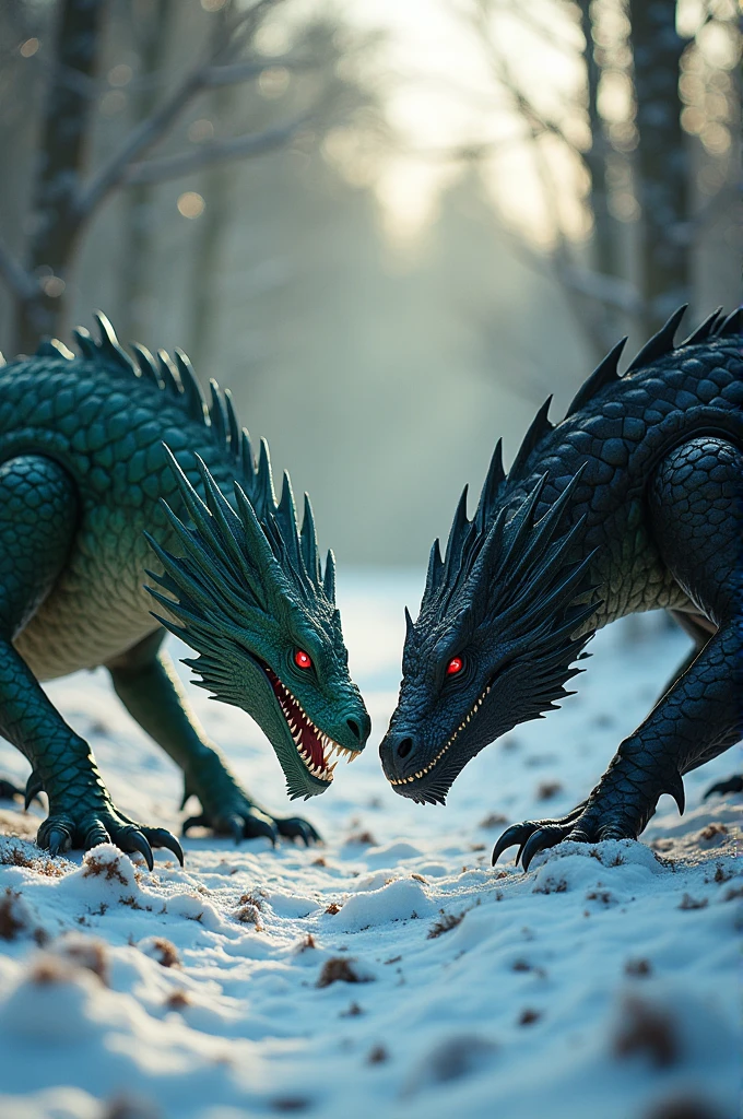 A picture of two dragons, one with emerald scales and red eyes, and the other with white eyes and black scales, that it is a wide general shot image, with front angle, with horizontal framing, with its visual weight focused on the dragons, with a winter forest background