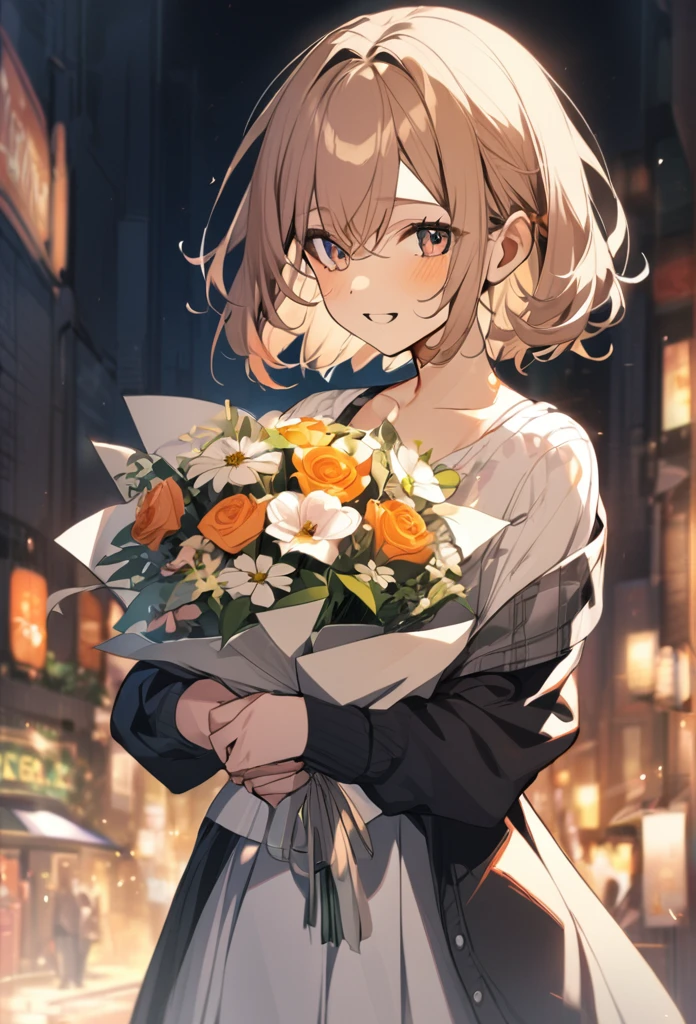 One girl, Casual clothing, hand over a bouquet