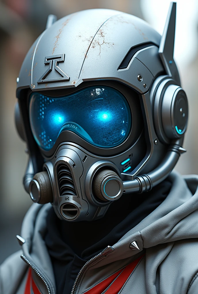 1 man shoot half body , silver motorcycle helmet, snorkeling mask, portrait halfbody shoot. Silver two pipe tube from mouth to head. Future design.. high tech. Wear google safety eyes glowing blue. The tube connect from head to mouth. Future headphone design blue led light detail. Starlord helmet design concepts. Very detail . High tech costume. Marvel. T shape on the helmet. Small scratches on the helmet. The blue visor honeycomb style concept. T shape spoiler antenna on the helmet, nose and mouth covered by mask metal. Wear cyberpunk hoodie spike shape red stripe. .