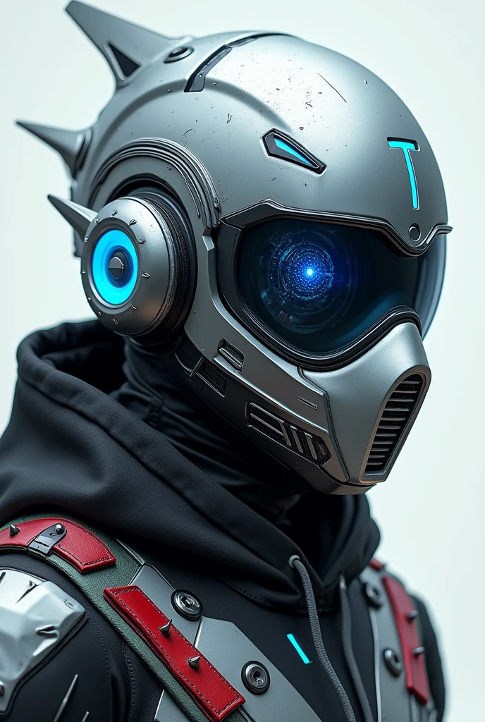  
1 man shoot half body , silver motorcycle helmet, snorkeling mask, portrait halfbody shoot. Silver two pipe tube from mouth to head. Future design.. high tech. Wear google safety eyes glowing blue. The tube connect from head to mouth. Future headphone design blue led light detail. Starlord helmet design concepts. Very detail . High tech costume. Marvel. T shape on the helmet. Small scratches on the helmet. The blue visor honeycomb style concept. T shape spoiler antenna on the helmet, nose and mouth covered by mask metal. Wear cyberpunk hoodie spike shape red stripe. .