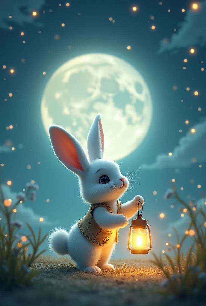 Big full moon, small ears, cute white rabbit, wearing a small vest, holding a lantern, glowing, looking up at the stars in the sky, surrealism