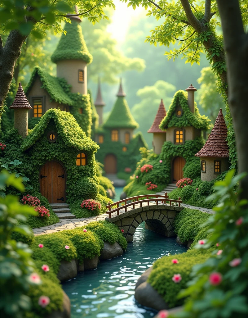 a tiny city under clover forest, many small houses cover by the greens, ray of sunlight, small stone road, small river with flower petals flowing, small bridge 
