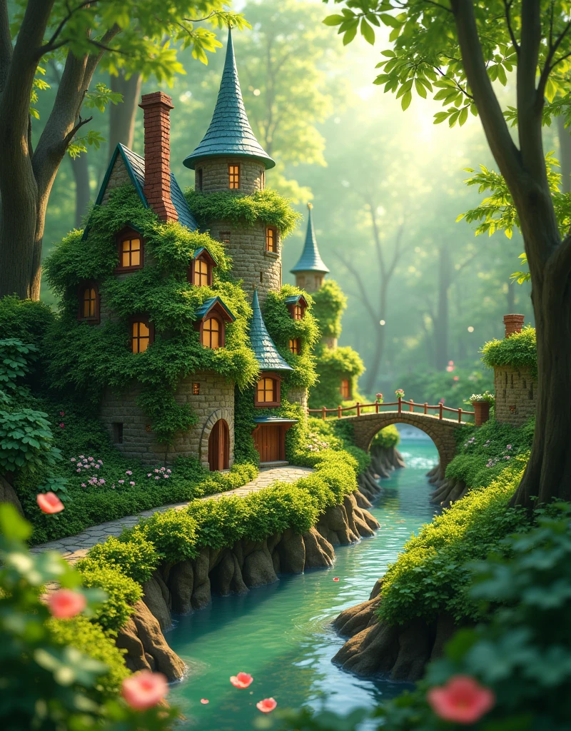a tiny city under clover forest, many small houses cover by the greens, ray of sunlight, small stone road, small river with flower petals flowing, small bridge