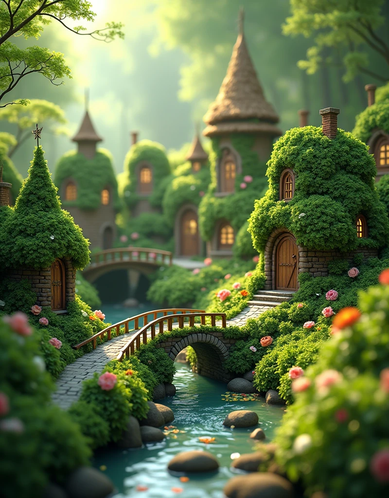 a tiny city under clover forest, many small houses cover by the greens, ray of sunlight, small stone road, small river with flower petals flowing, small bridge 