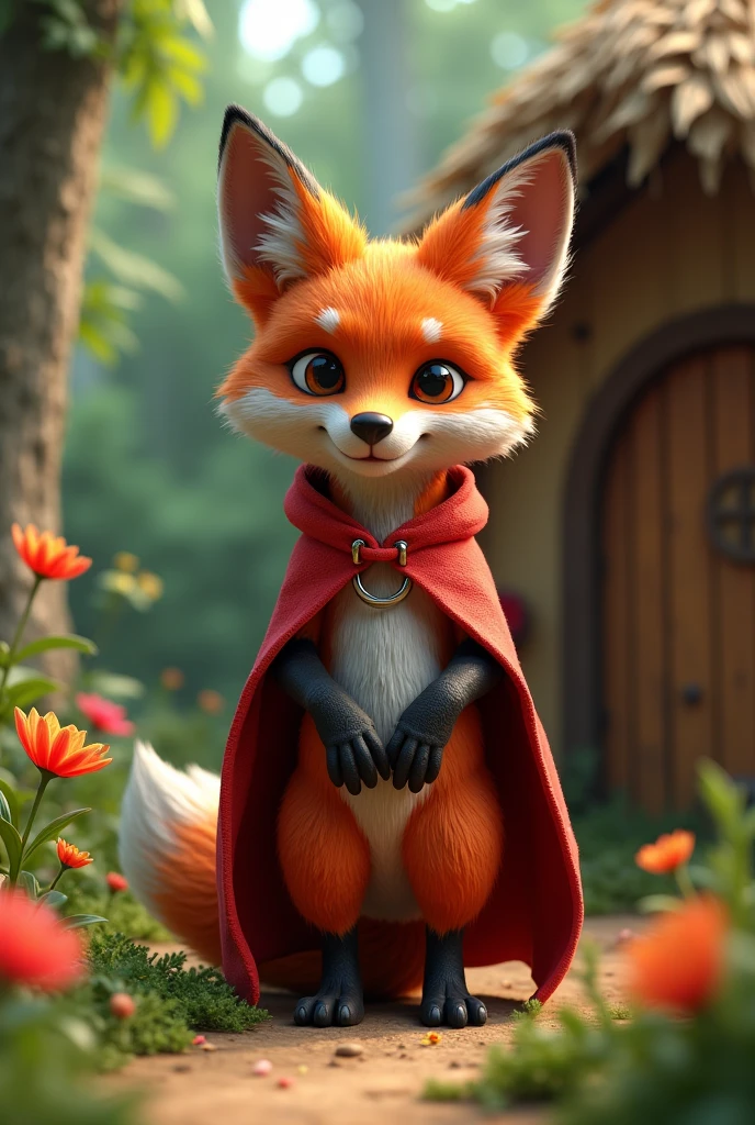 a 3D funny cute but little scary fox with sinister yet playful expression wearing a red cape and a red hoodie with realistic fur standing on its too feet, is knocking on a wooden door of a straw house in the middle of a jungle with beautiful flowers and trees. He is smiling notoriously with expression of plotting something, scheming look, up to no good, mischievous intent, sinister, playful but dangerous, naughty and scary. Suitable for 3 little pigs children fairytale. 
