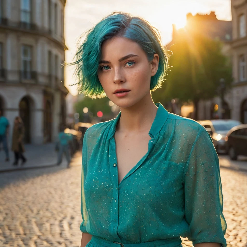 (((Woman, 20 Years Old, Nordic Ethnicity, short blue hair, perfect face, light freckles, Blue-Green Eyes))), (((standing confidently in a city square during sunset, full body visible))). ((Wearing a stylish, elegant outfit that flows naturally with the breeze, capturing the golden hues of the sunset)). ((Soft breeze gently moving her hair and clothing)). (((Sunset lighting casting a warm, golden glow on her entire figure, creating long shadows on the cobblestone square))). (Background includes elements of the city square, such as historic buildings, street lamps, and scattered people in soft focus, all bathed in the warm light of the setting sun)). (((Color palette - turquoise, neon green, yellow shades))), (best quality, 8k, masterpiece, ultra-detailed, photorealistic, sunset lighting, sharp focus, full body).