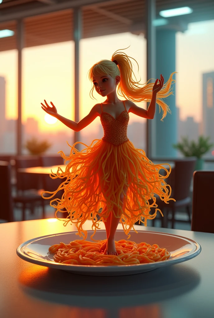 Noodles make a girl with danceing placed on a plate on the table, it is a cyberpunk restaurant, it is sunset time.