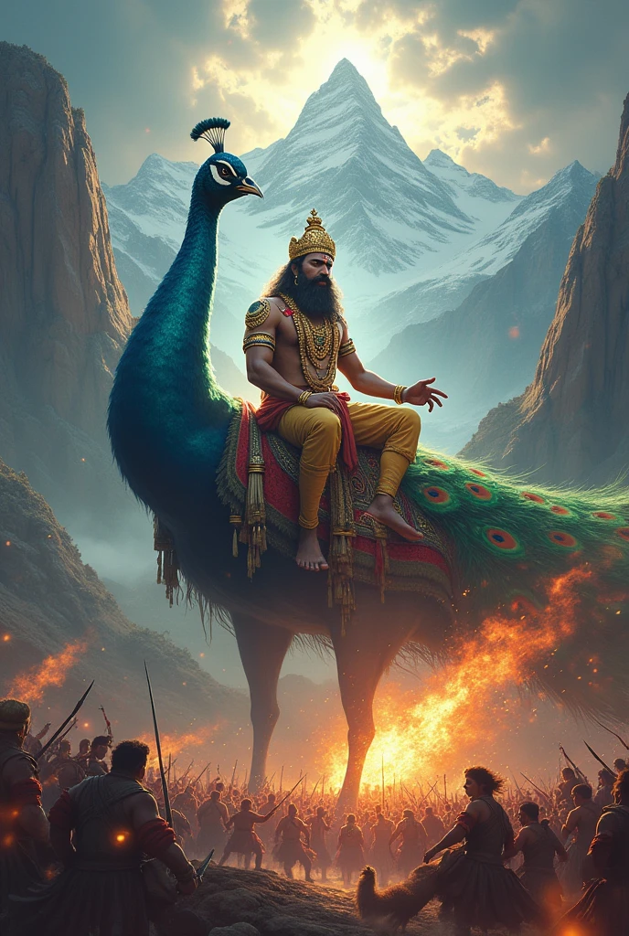 Got it! Here’s a descriptive note based on your request:
---
**Description of Lord Murugan Artwork:**
Imagine a majestic depiction of Lord Murugan, the revered Hindu deity, gracefully seated on his divine peacock. The scene is set against a dramatic backdrop of towering mountains, with vibrant colors and intricate details that enhance the sense of grandeur. The peacock’s feathers shimmer in the sunlight, and Lord Murugan, adorned in resplendent attire, stands as a symbol of valor and wisdom.
In the foreground, a fierce battle unfolds, capturing the divine warrior’s role in protecting and guiding. The chaos of the war contrasts with the serene and powerful presence of Lord Murugan, emphasizing his role as both protector and leader in the celestial realm. The overall composition combines beauty and intensity, reflecting the divine drama of this celestial