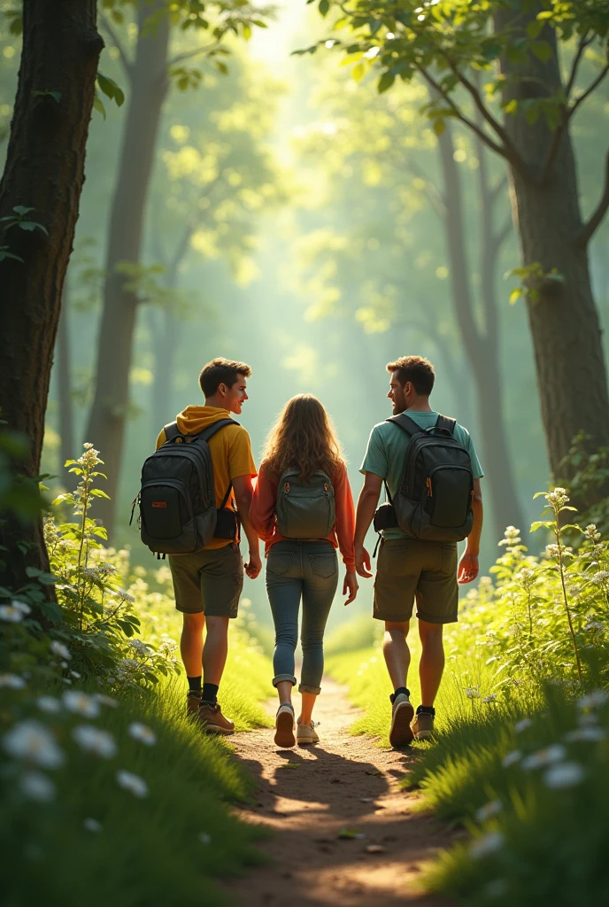 Three friends on a weekend in the forest , Carla, John and Mark