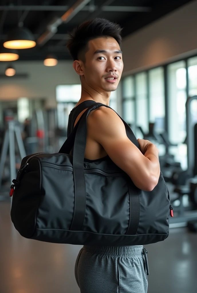 an asian holding black gym bag at the gym