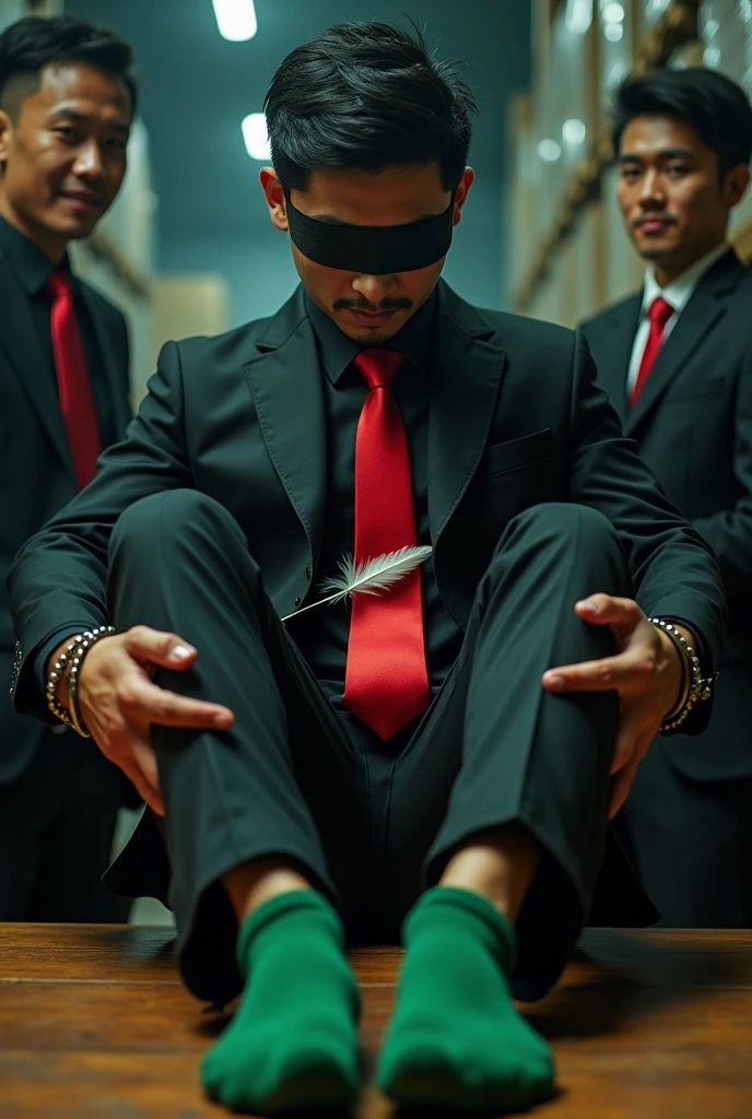 Malaysia malay handsome 19 years celebrity
His handcuff in warehouse
Blindfolded
Black Suit and Red tie
feet on desk
feather
shoes on desk
5 toes each feet
Green sock
Poison smelly effect sock
2 man tickle his feet
He laugh very hard