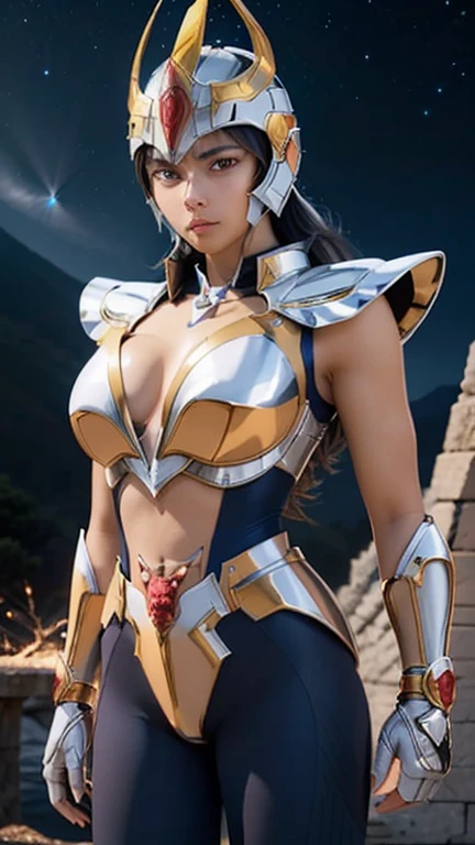 masterpiece, best quality, ultra high res, realistic skin texture, armature, (photorealistic:1.4), high resolution, raw photo, 1 girl, shiny skin, (detail skin:1.2), realistic skin texture, best lighting, sparkle, mecha armor, dramatic lighting, dynamic pose, (greek temple background:1.1), (night:1.2), (night sky), cosmos, milky way, golden armor, (cleavage), Phoenix_Ikki, (big breast), (helmet:1.2), tanned skin, black hair, (silver chest guard:1.3), (helmet), blue shirt,  volcano, lava, serious face