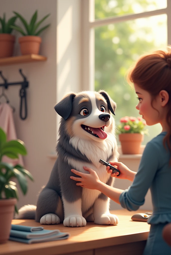 Make a picture of a dog (lobo) being groomed