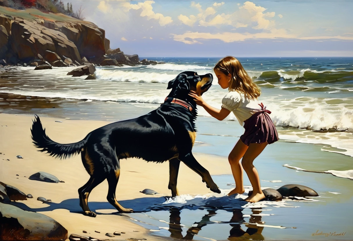 Painting Dog and Child on Rocky Beach, inspired by Edwin Henry Lansdir, dog diver pulls girl out of water, girl lies on dog's legs, dramatic painting, painting of American Romanticism,